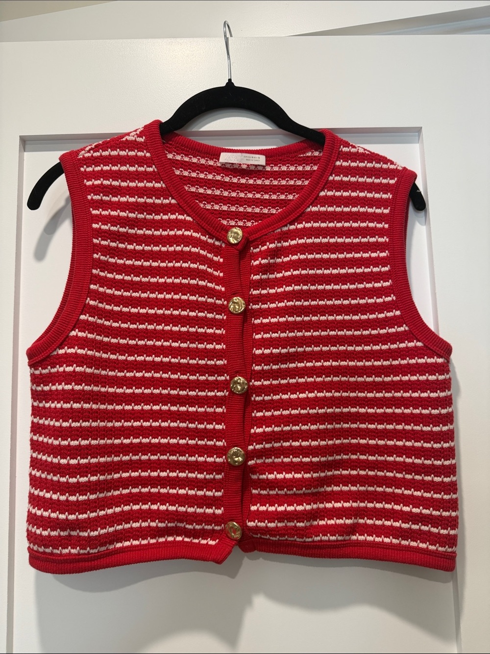 Zara Red and White Striped Knit Button Vest